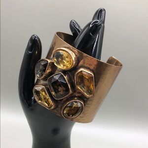 Bejeweled wide faux gemstone bronze cuff bracelet dressy statement style.